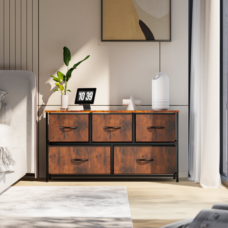 Kathiria 39.4"W 5 Drawer Small Dresser, Kid Dresser, Brown/Black