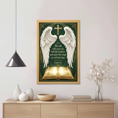 Ange ailes et croix avec bible ouverte, toile tendue, reproduction d'art, peinture à l'huile, art chrétien pour décor de chambre à coucher, salon, église