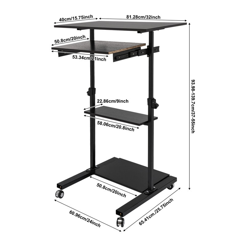 Standing Black Computer Desk 32” With Caster Rails