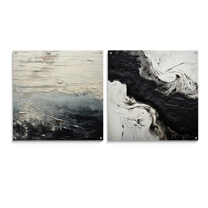 «Black and White Paint River - Formes abstraites», ensemble d'art mural en verre sur 2, H 16 po x l 33 po