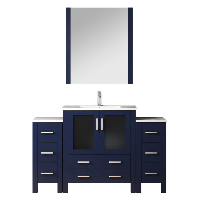 54 po Large meuble-lavabo bleu marine avec comptoir en céramique blanche, robinet et 28 miroirs de salle de bain, Navy Blue