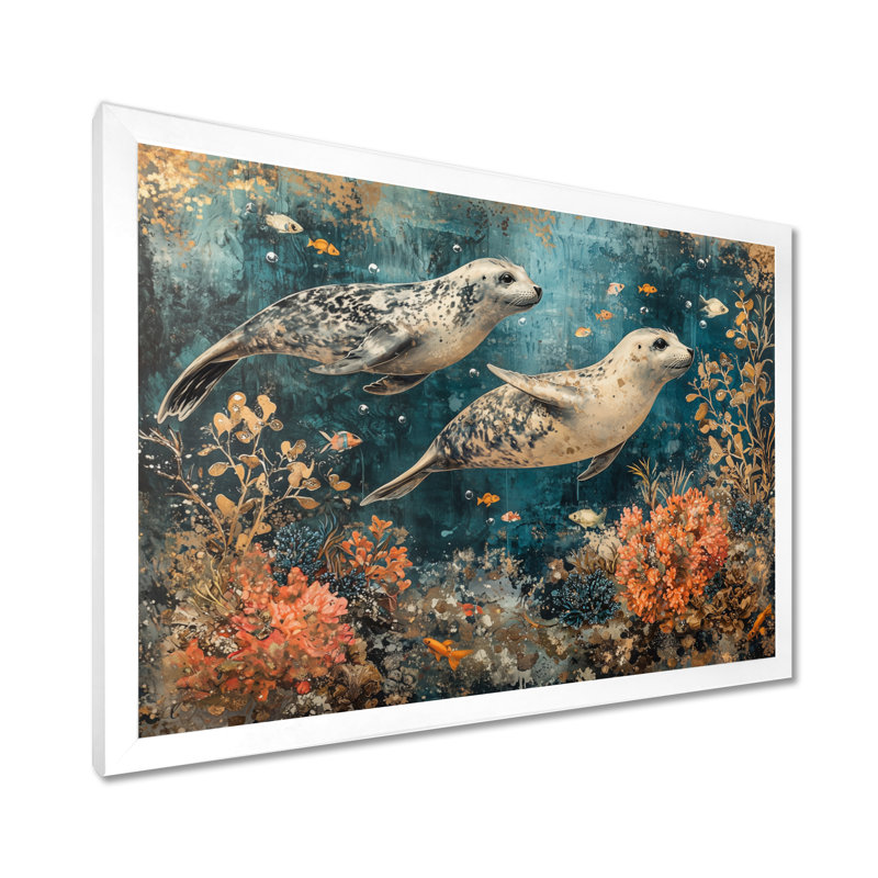 Aquarium avec sceaux au-dessus du corail II - phoque, art mural, H 30 po x l 40 po, Reproduction encadrée, Blanc