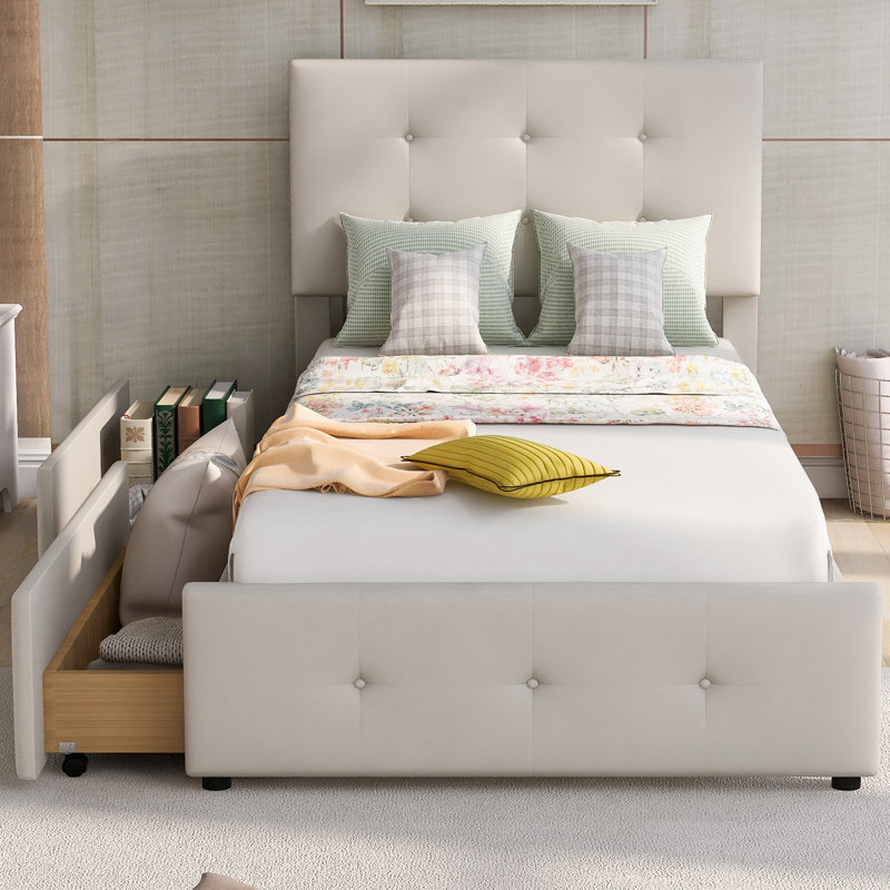 Yvoire Upholstered Storage Bed, Light Beige, European Single (90 x 200cm)