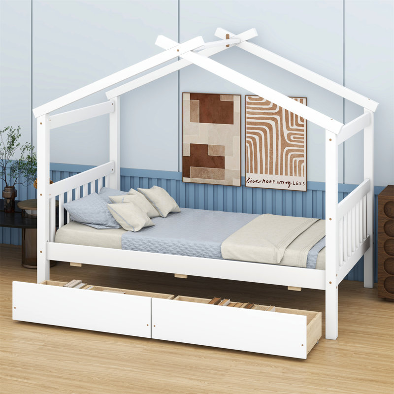 Wooden House Bed With Drawers, White, Full / Double