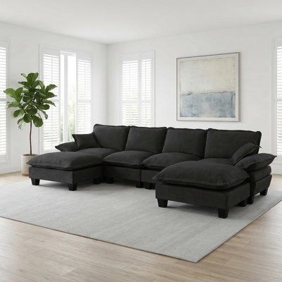Modular Sectional Sofa, U-Shape Cloud Couch With Sailboat Design, 6-Seater Comfy Chenille Fabric Sofa With Movable Ottomans
