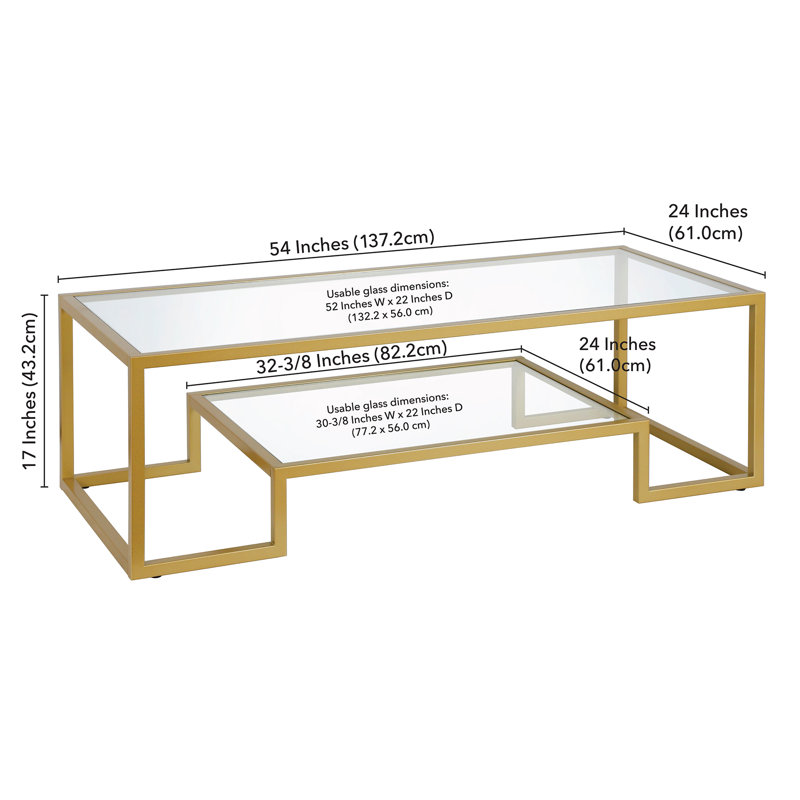 Athena Glass Top Coffee Table, Brass, 17" H x 54" L x 24" W