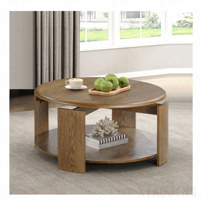 Table basse ronde à finition brune avec plateau pivotant et plateau coulissant ouvert