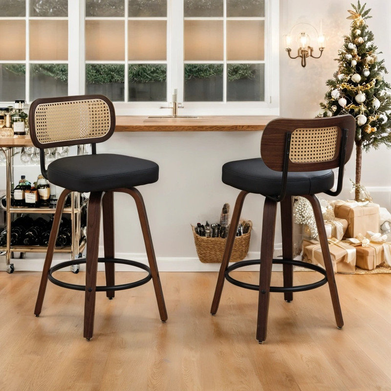 2 tabourets de bar pivotants à 360 degrés avec dossier courbé et structure en bois de noyer, Noir