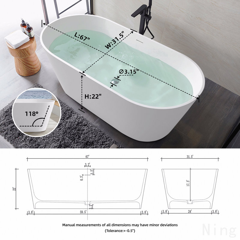 67" Premium Solid Surface Deep Soaking Bathtub