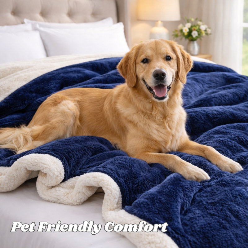 Couverture luxueuse en molleton réversible avec revers en sherpa, Très grand lit, Marine