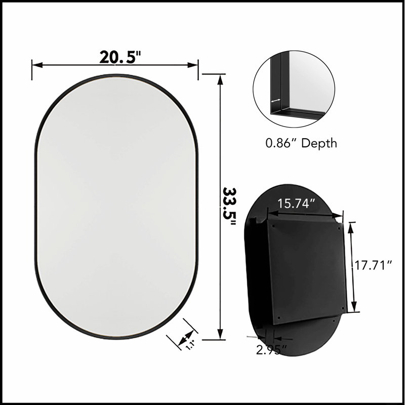 Pharmacie encastrable ovale 20 po x 34 po avec cadre en métal, miroir et tablettes réglables pour le rangement de la salle de bain