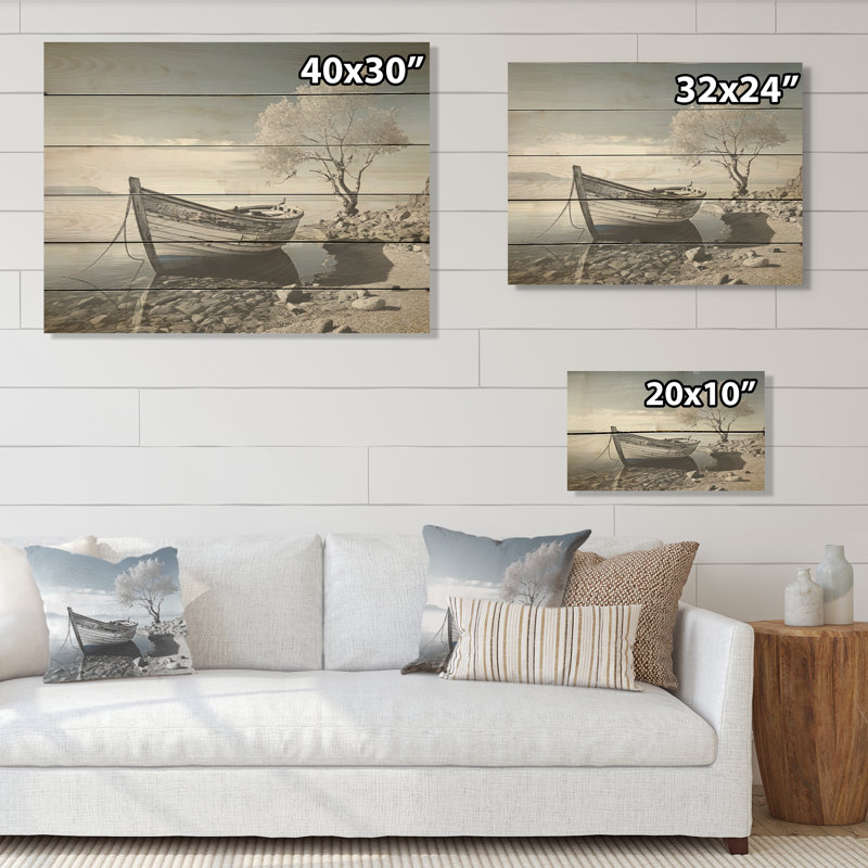 Monochome gris au bord du lac - Bateau côtier, art mural sur bois de pin naturel, H 10 po x l 20 po