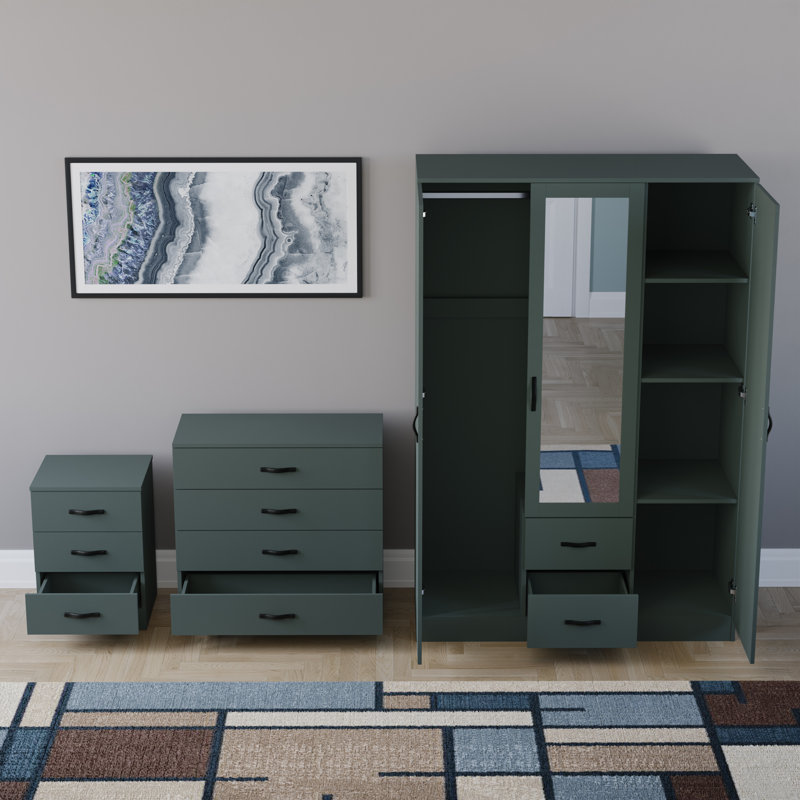 Maybery 3 Piece Bedroom Set (3 Drawer Bedside Chest, 4 Drawer Chest, 3 Door 2 Drawer Mirrored Wardrobe), (5), Green