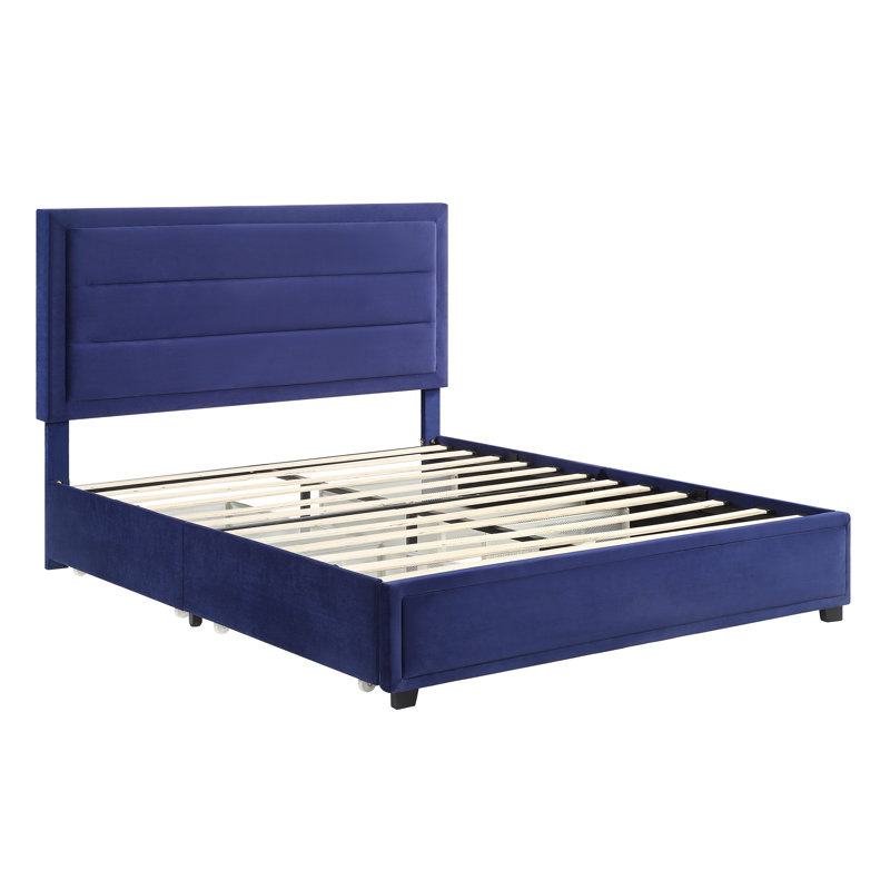 Lit plateforme tapissier avec rangement, Double, Bleu marine