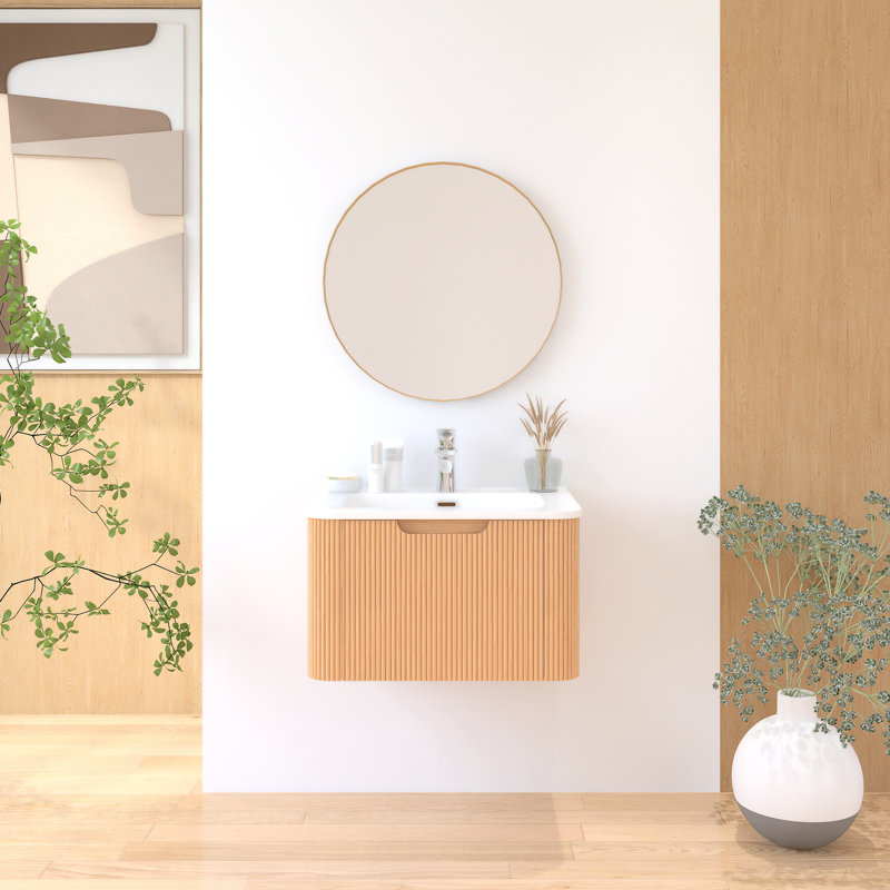 Meuble-lavabo mural flottant en noyer naturel avec lavabo en céramique intégré, 24"