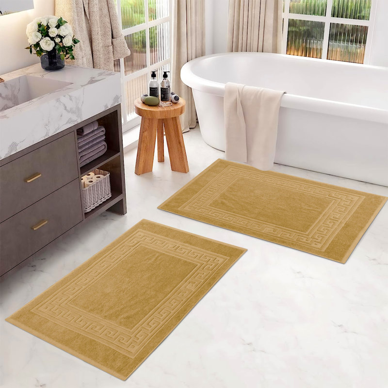 Subra Rectangular Cotton Reversible Greek Key Infinity Border 2 Piece Bath Mat, Toast