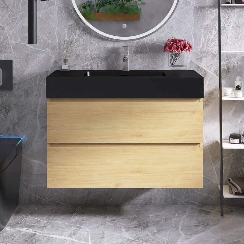 36 In. Single Wall Mounted Bathroom Vanity with Top, Oak