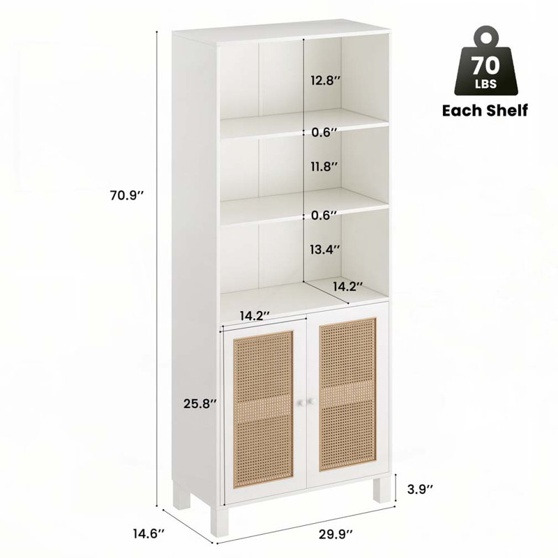 Bookcase with Rattan Doors,5 Tier Storage Wood Shelves, White