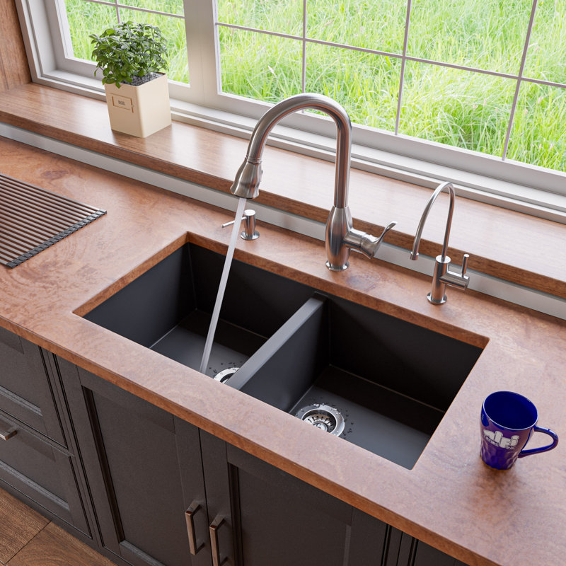 34'' L Double Bowl Granite Kitchen Sink, Black