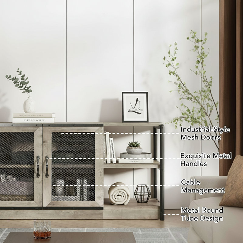 Farmhouse TV Stand, With Double Mesh Doors, Gray