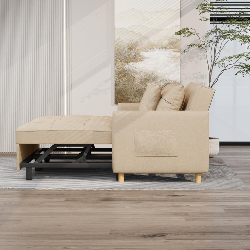 Borchert 179Cm Linen Square Arm Sofa Bed, Beige Linen