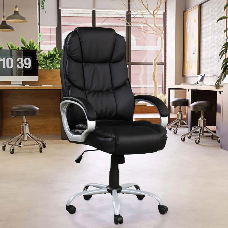 Chaise de bureau pivotante réglable en similicuir noir / chrome avec accoudoirs rembourrés