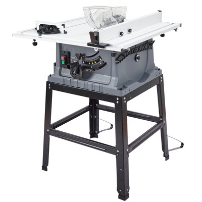 10 Inch Portable Table Saw w/ Stand, 15A 5000RPM Motor, Adjustable Blade Height, 90° Crosscut & 0-45° Bevel, Push Stick & Dust Collector Port Included – Gray Plastic Case
