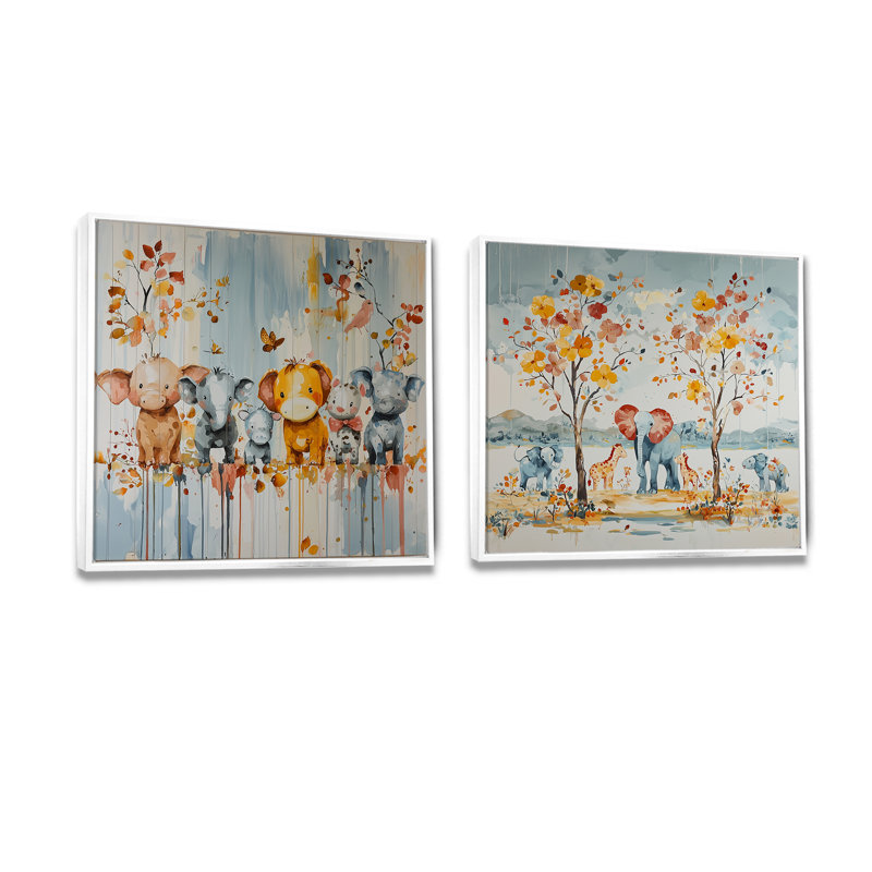 «Nursery Orange Animal Parade I», art mural de chambre de bébé, ensemble de 2 décorations murales pour chambre de bébé, Blanc