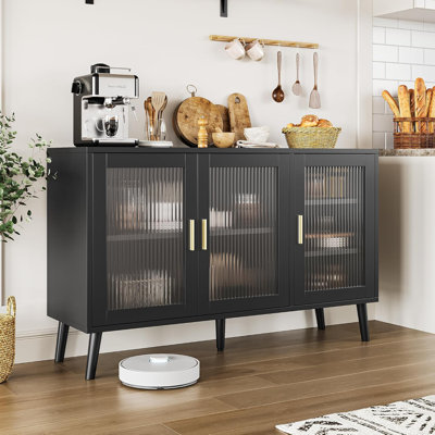 Buffet 48 po, grand buffet avec 3 portes en verre cannelé et tablettes amovibles, crédence noire décorative pour le salon, la salle à manger, la cuisine, le couloir