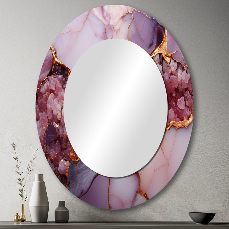 Pink and gold Marble agate river IV - Large Oval Wall Mirror On Metal, 43" H x 33" W