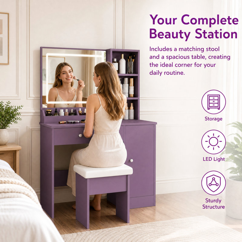 Modern Wood Vanity Desk And Stool Set with LED Lights, Purple+Strip