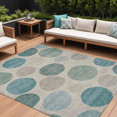 9' X 12' Teal Blue Ivory And Pale Aqua Geometric Washable Indoor Outdoor Area Rug