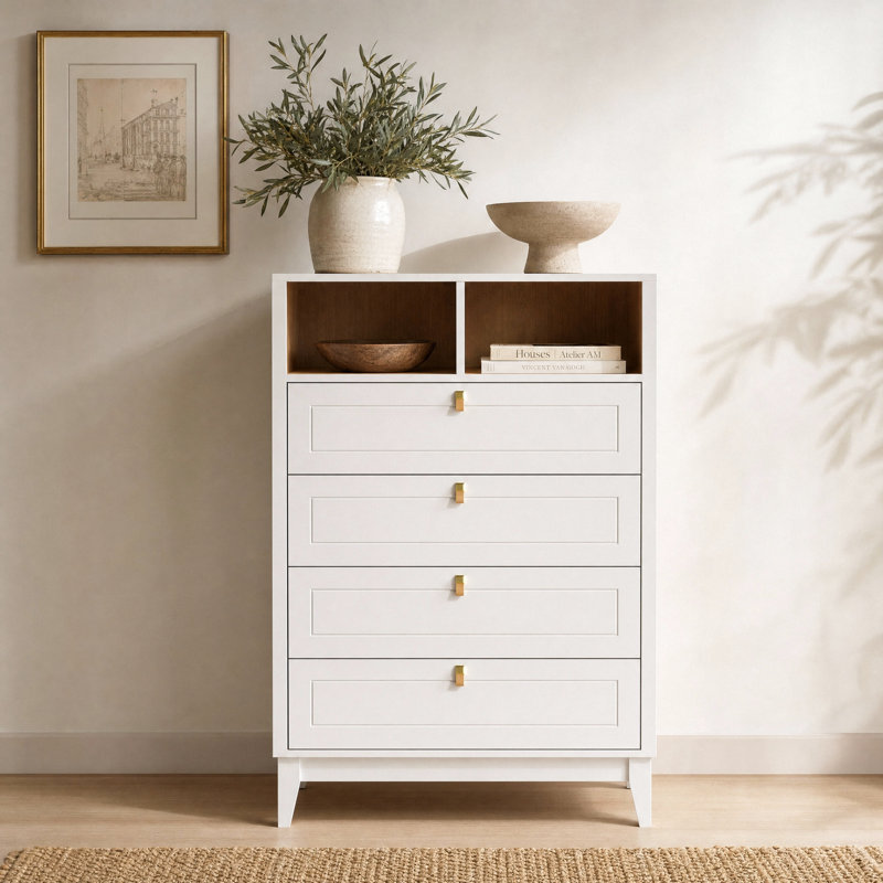 Commode 4 tiroirs H 47,2 po avec tablettes ouvertes, commode haute blanche avec quincaillerie de couleur laiton et poignées en cuir véritable