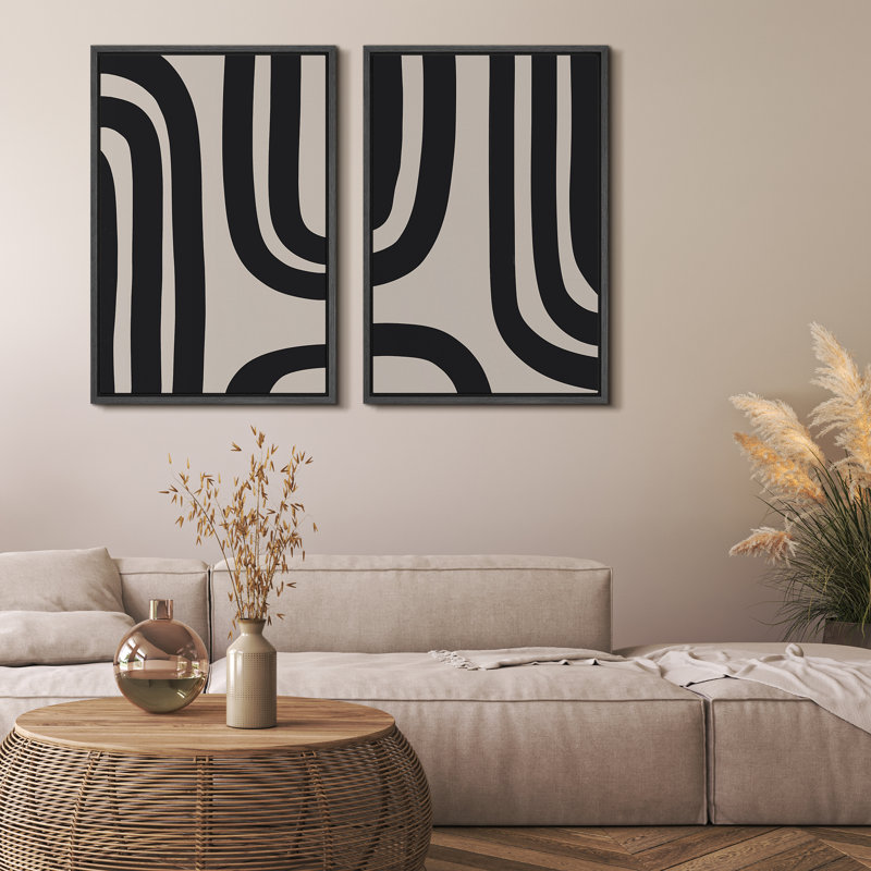Geometric Line Shape Mid Century Modern Black Abstract Spiral Neutral Decor Framed On Canvas 2 Pieces Print Wall Art