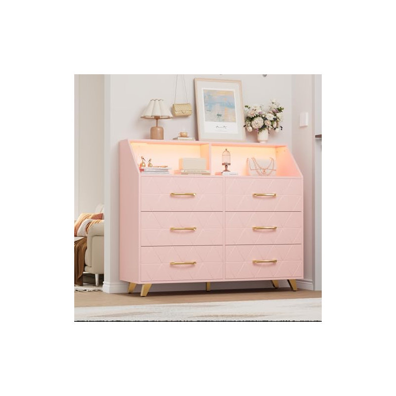 6 Drawers for Bedroom with Charging Station, Natural Wood Durable Dressers & Chests of Drawers with LED Light and Charging Station