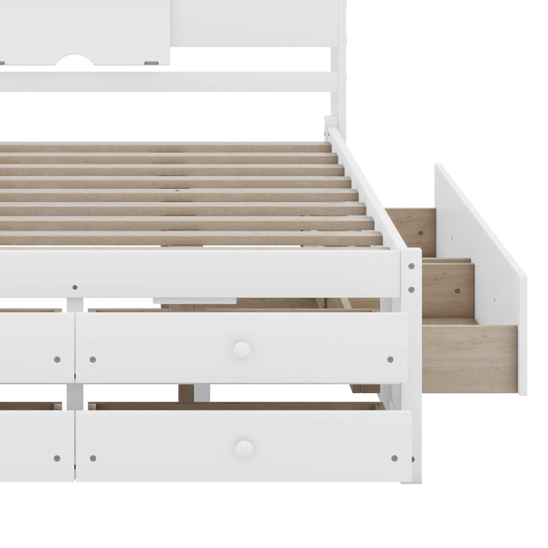 Platform Bed with Storage Headboard And 8 Drawers, White, Queen