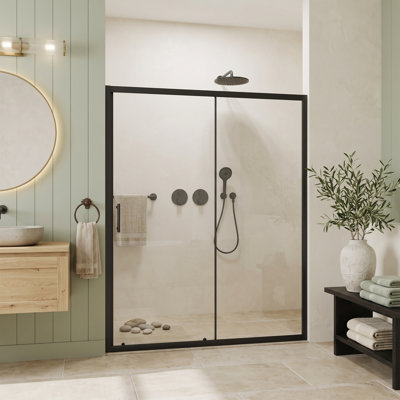 Porte de douche coulissante simple, 152 cm (L) x 183 cm (H), verre trempé transparent de 5 mm, noir mat