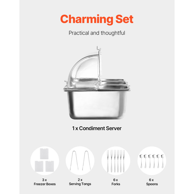 Présentoir de comptoir pour le service des aliments, plateau de service à 6 compartiments en acier inoxydable, distributeur de condiments pour buffet avec couvercle transparent et 3 boîtes de congélation, idéal pour les cuisines de restaurants, d'hôtels et de fêtes.