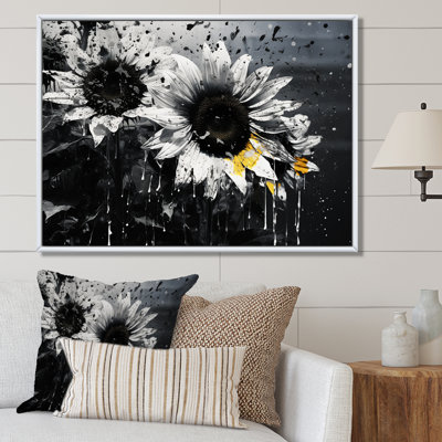 «Black and White Sunflowers Florescence» - art mural toile de tournesols