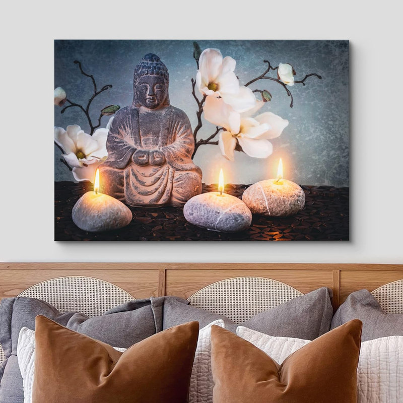 Zen Zen "Statue de Bouddha japonais fleurs de marguerites blanches bougies photographie de salle de bain", H 24 po x l 36 po