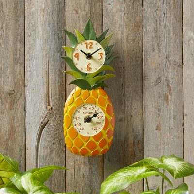 Taylor Pineapple Poly Resin Clock and Thermometer, 12 Inch, Multi-Color