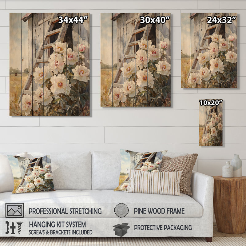 Peonies By The Wooden Barn Ladder I - Peonies Wood Print - On Natural Pine Wood, 20" H x 10" W x 0.78" D