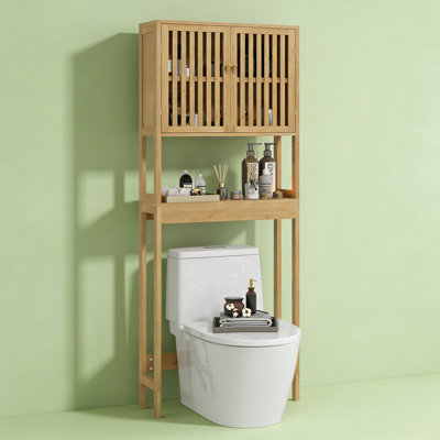 Armoire de rangement en bambou au-dessus de la toilette, organisateur de salle de bain au-dessus de la toilette avec portes à lattes, tablette réglable et tablette ouverte, naturel