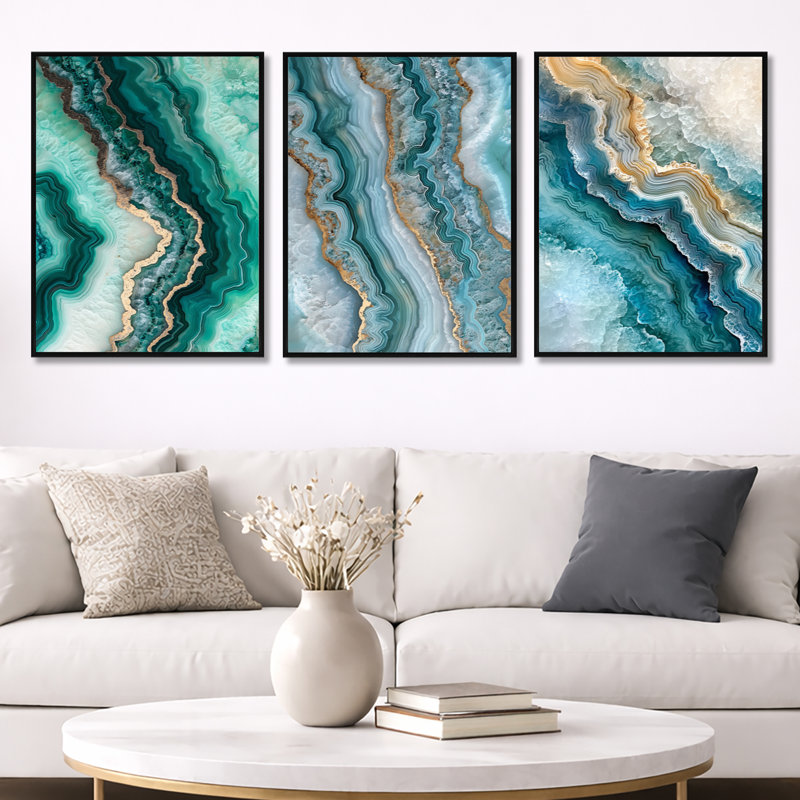 «Agate Dream River III - Green Geode», ensemble de 3 toiles d'art encadrées, Cadre flottant noir, H 32 po x l 72 po