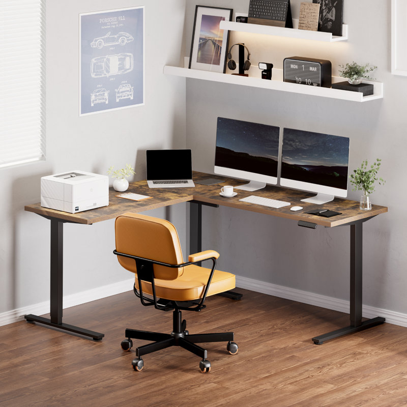 71'' L-Shaped Home Office Height Adjustable Standing Desk, Mahogany/Black, 45.9" H x 71" W x 63" D