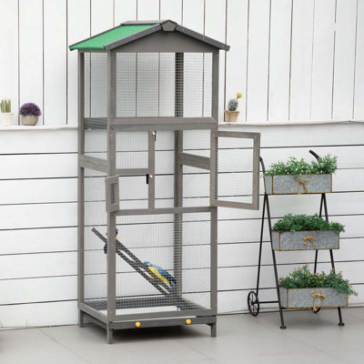 65" Wooden Bird Cage Outdoor Aviary House For Parrot, Parakeet, With Pull Out Tray And 2 Doors