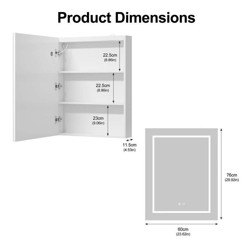 3-Shelf Bathroom Medicine Cabinet with LED Lighting, 76cm H x 60cm W x 11.5cm D