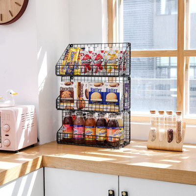 3 Tier Large Stackable Snack Organizer - Versatile Wall Mounted Wire Storage Basket With Divider For Candy Chip Cans Bars - Ideal For Pantry Office Home