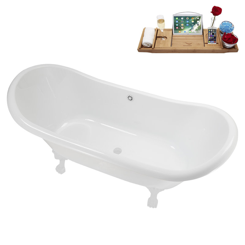 71" Streamline Clawfoot Tub,Tray,Drain and Clawfeet, Glossy White, Glossy White