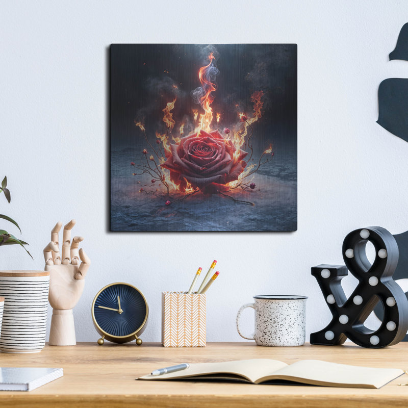  «Red Rose On Fire 4» par Rey Klimt, art mural en métal, H 12 po x l 12 po
